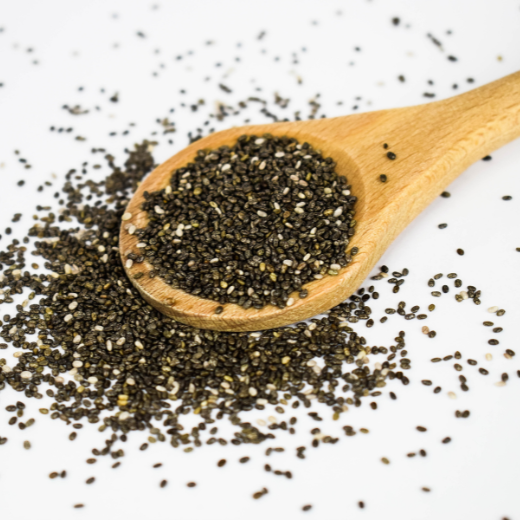 Chia Seeds in spoon and seeds scattered